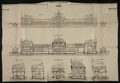 859431 Opstanden en doorsneden van het nieuwe hoofdstation van de M.E.S.S. te Groningen.